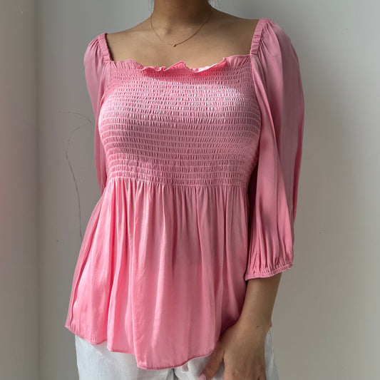 Trina Turk Pink Shirred Silk Blouse - Medium