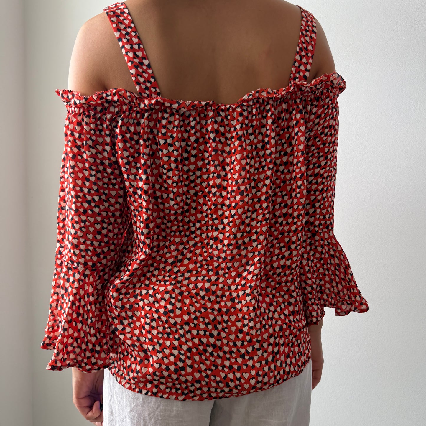 J. Crew Red Heart Print Off-Shoulder Silk Blouse - Medium