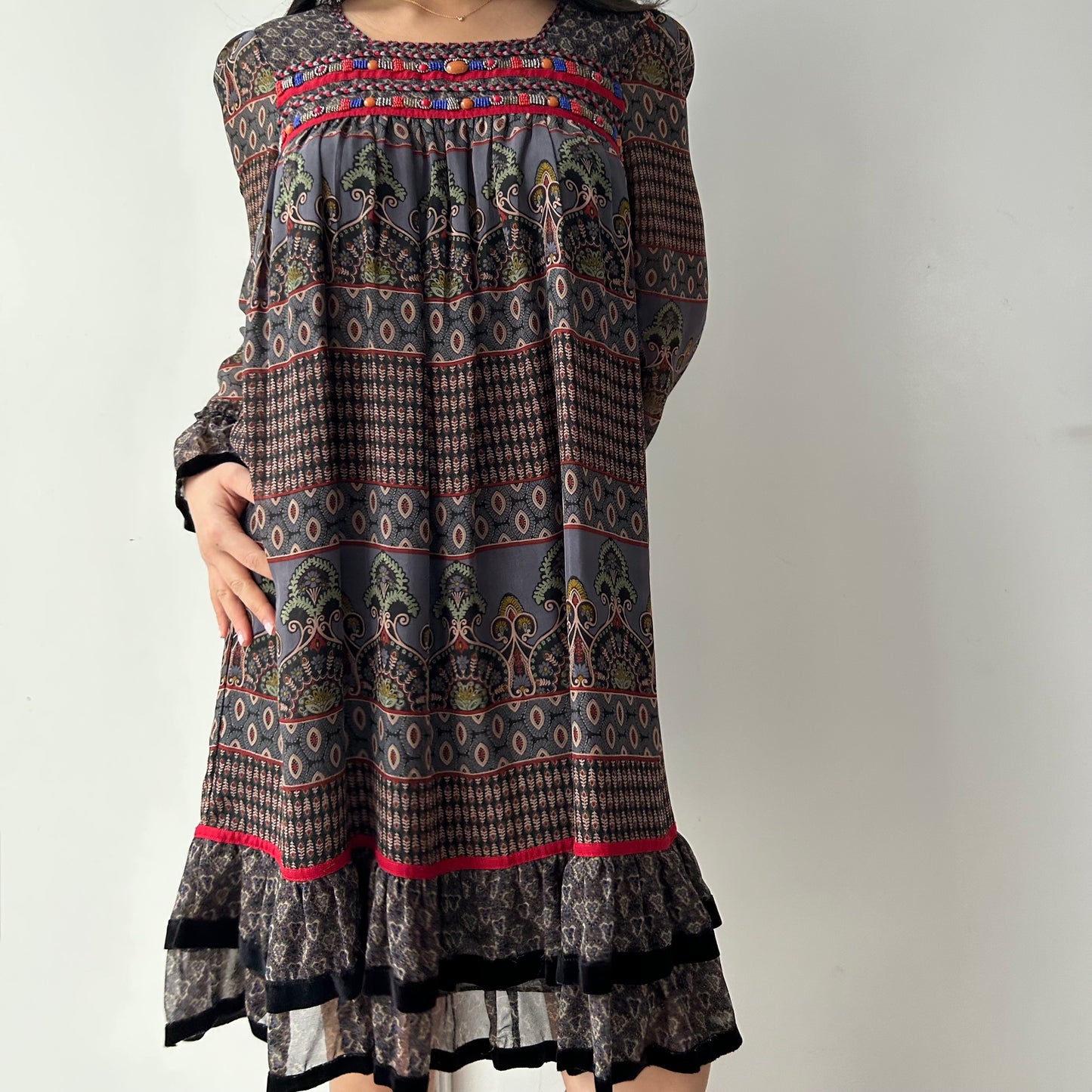 Anna Sui Long Sleeve Smocked Silk Dress - Medium