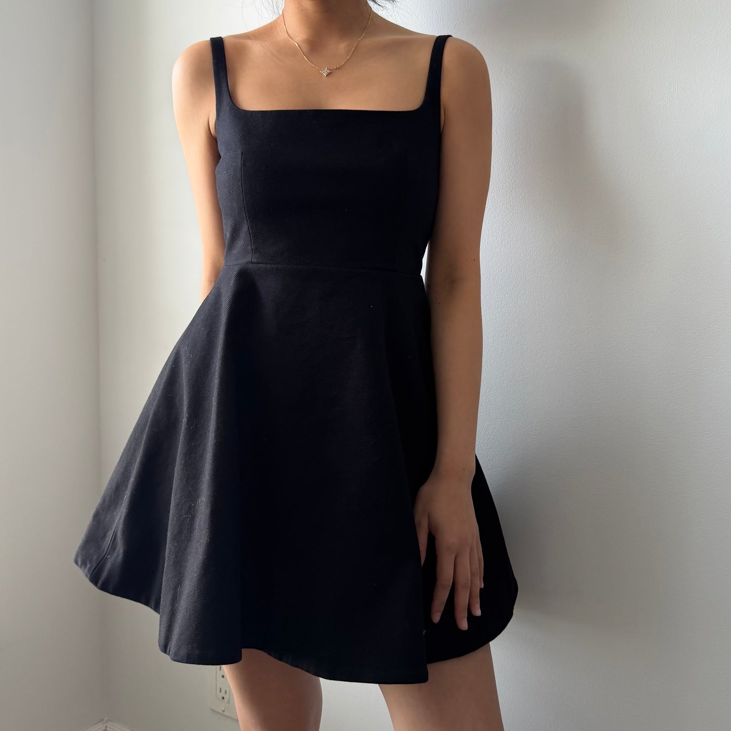 Theory Black Flared Mini Dress in Cotton Piqué - X-Small