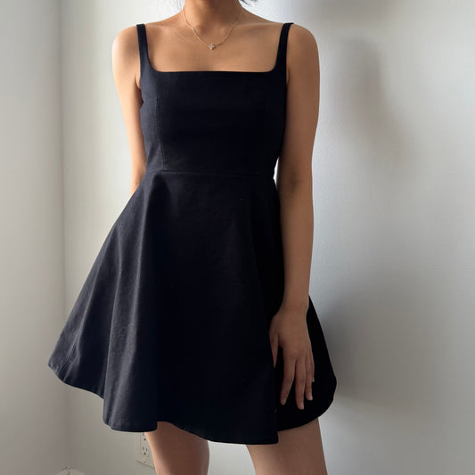 Theory Black Flared Mini Dress in Cotton Piqué - X-Small