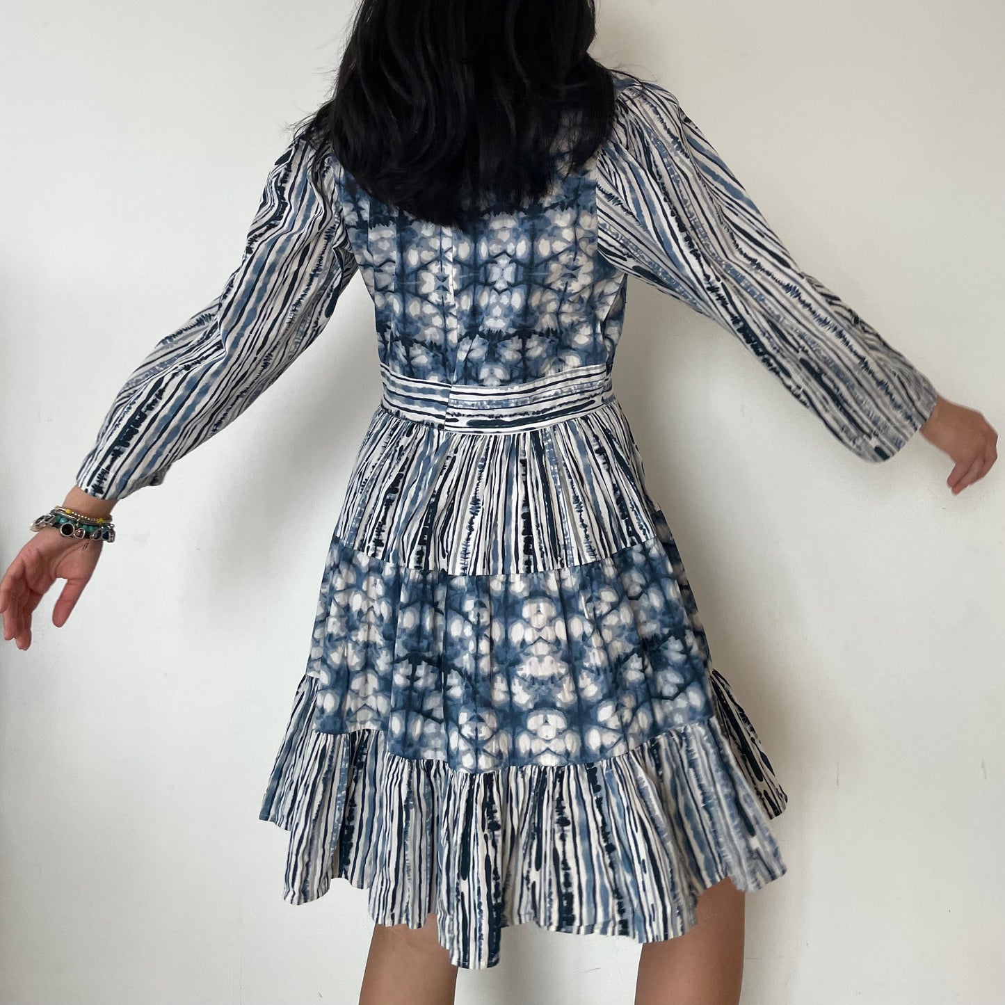 Anthropologie Not So Serious by Pallavi Mohan Blue and White Tie Dye Effect Long Sleeve Mini Dress - Small