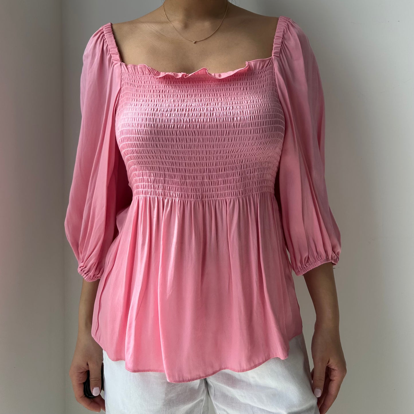 Trina Turk Pink Shirred Silk Blouse - Medium