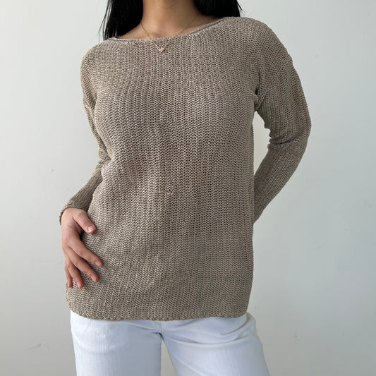 Vintage 1990s Calvin Klein Collection Beige Linen Crewneck Knit - Medium