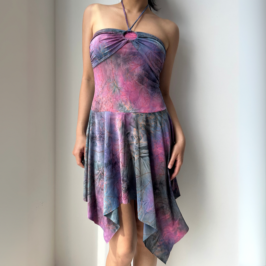 Vintage 90s Ecco Mî Purple Tie Dye O-Ring Halter Mini Handkerchief Dress - Small