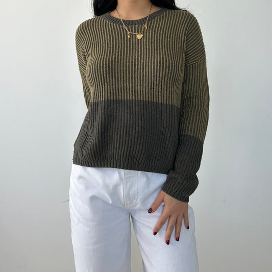 Green Colourblock Ribbed Crewneck Knit - Small