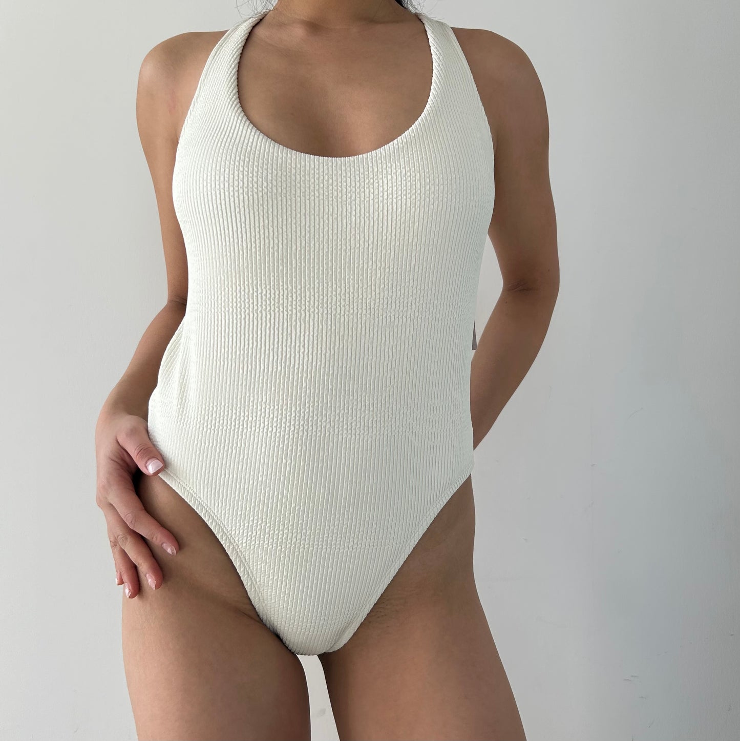 Nike Swim Cream Ribbed One Piece Swimsuit - Small