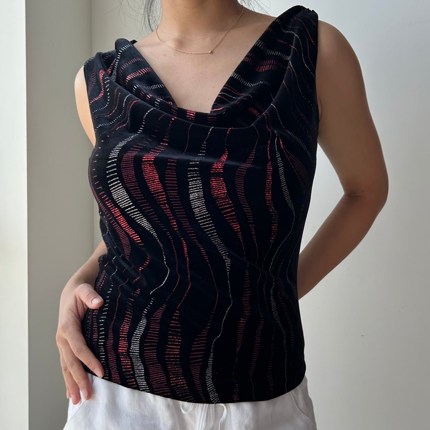 90s Made in USA Black Metallic Patterned Cowl Neck Tank - Medium