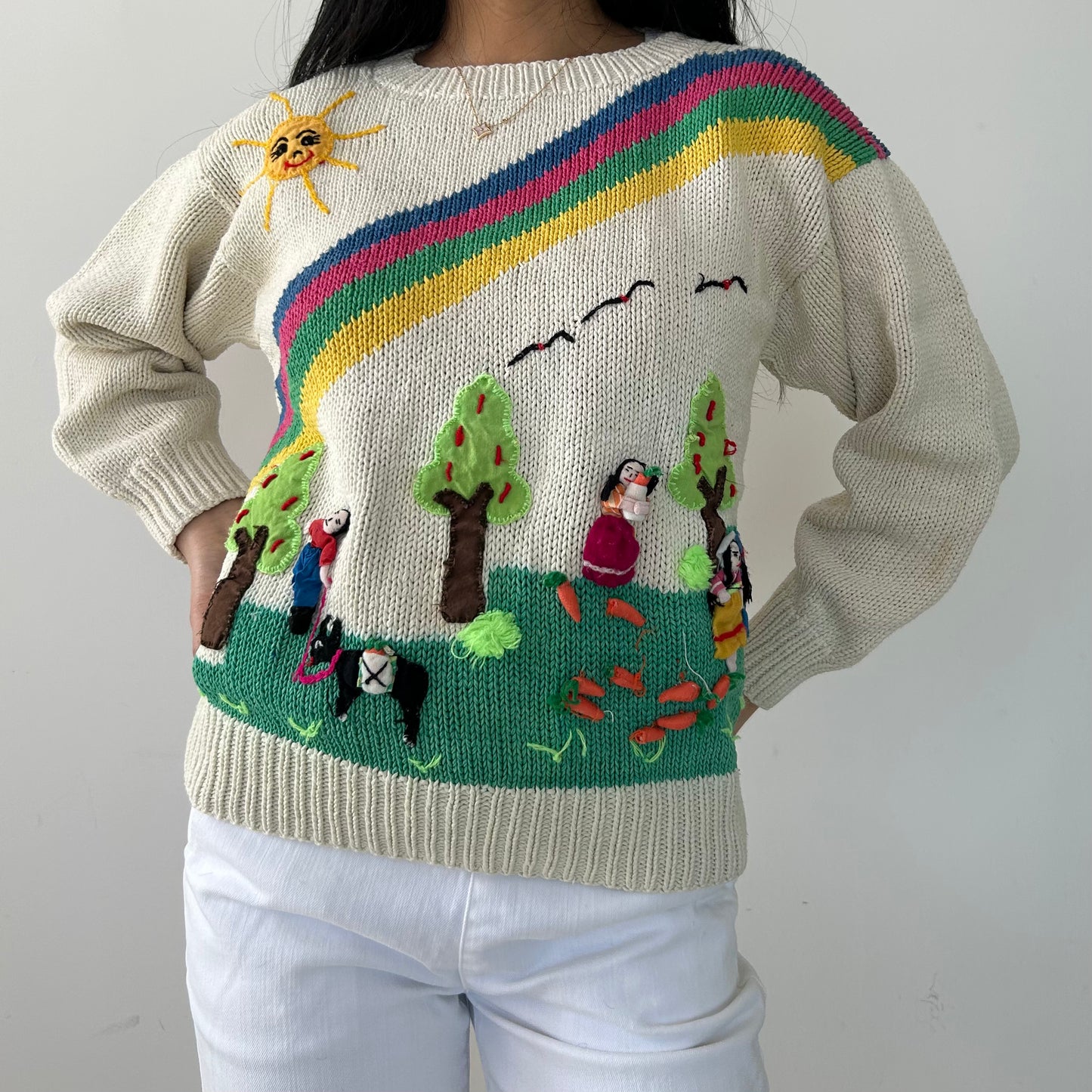 Vintage 1980s Cream Hand-Knit Peruvian Arpillera Folk Sweater - Medium