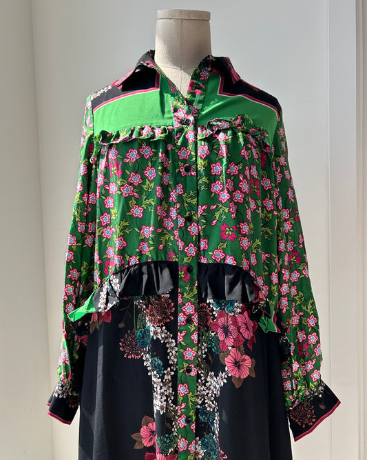 Sandro Green Floral Silk Shirt Dress - Medium