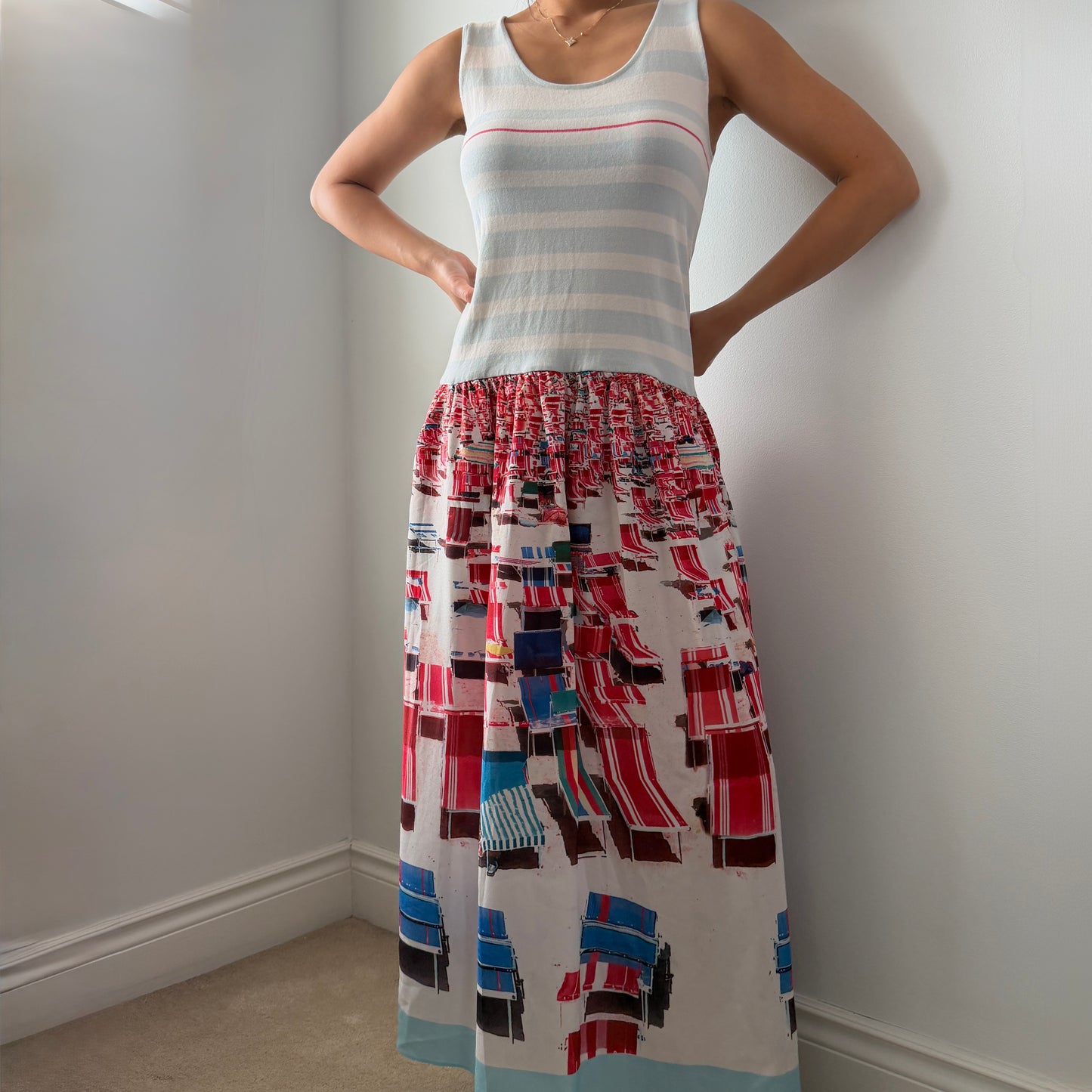 Nine West Striped Sleeveless Maxi Drop-Waist Dress - Medium