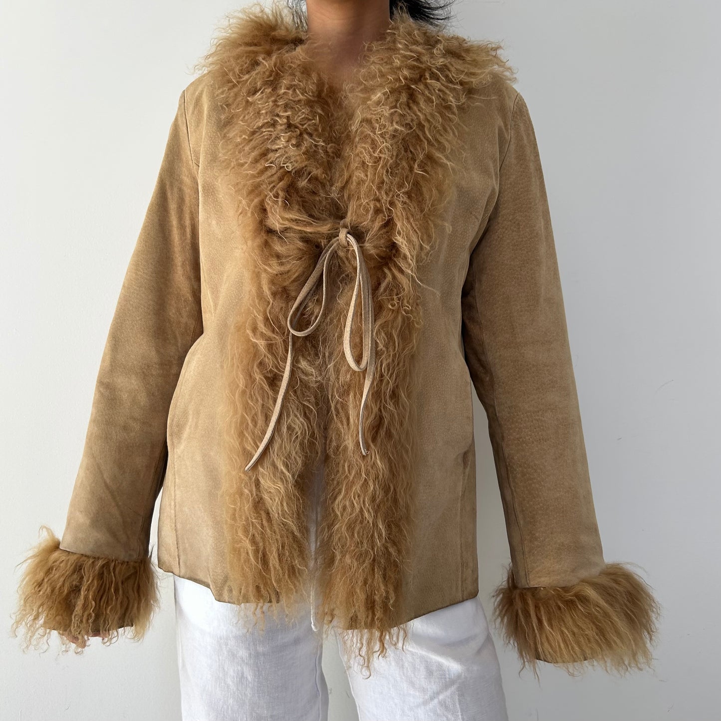 Express Brown Suede and Mongolian Fur Trim Coat - Medium