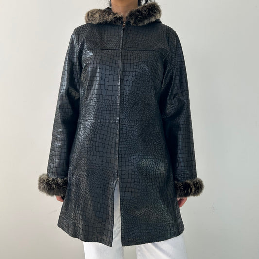 Black Embossed Leather Coat with Rabbit Fur Trim - Medium