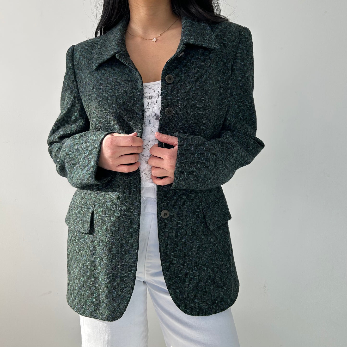 Vintage 1980s Joan & David Emerald Green Tweed Jacket - Medium