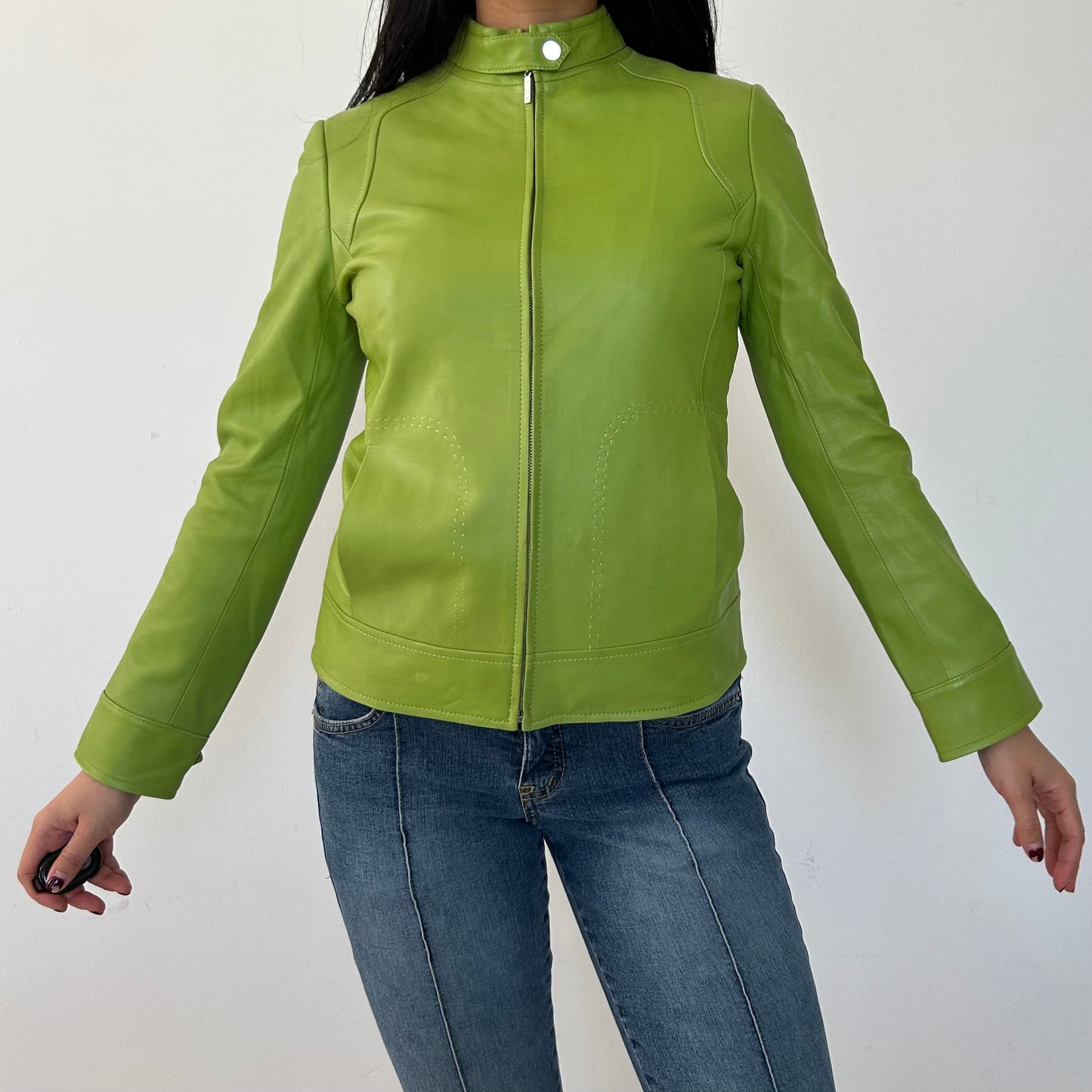 Lime Green Lambskin Leather Racing Jacket - X-Small