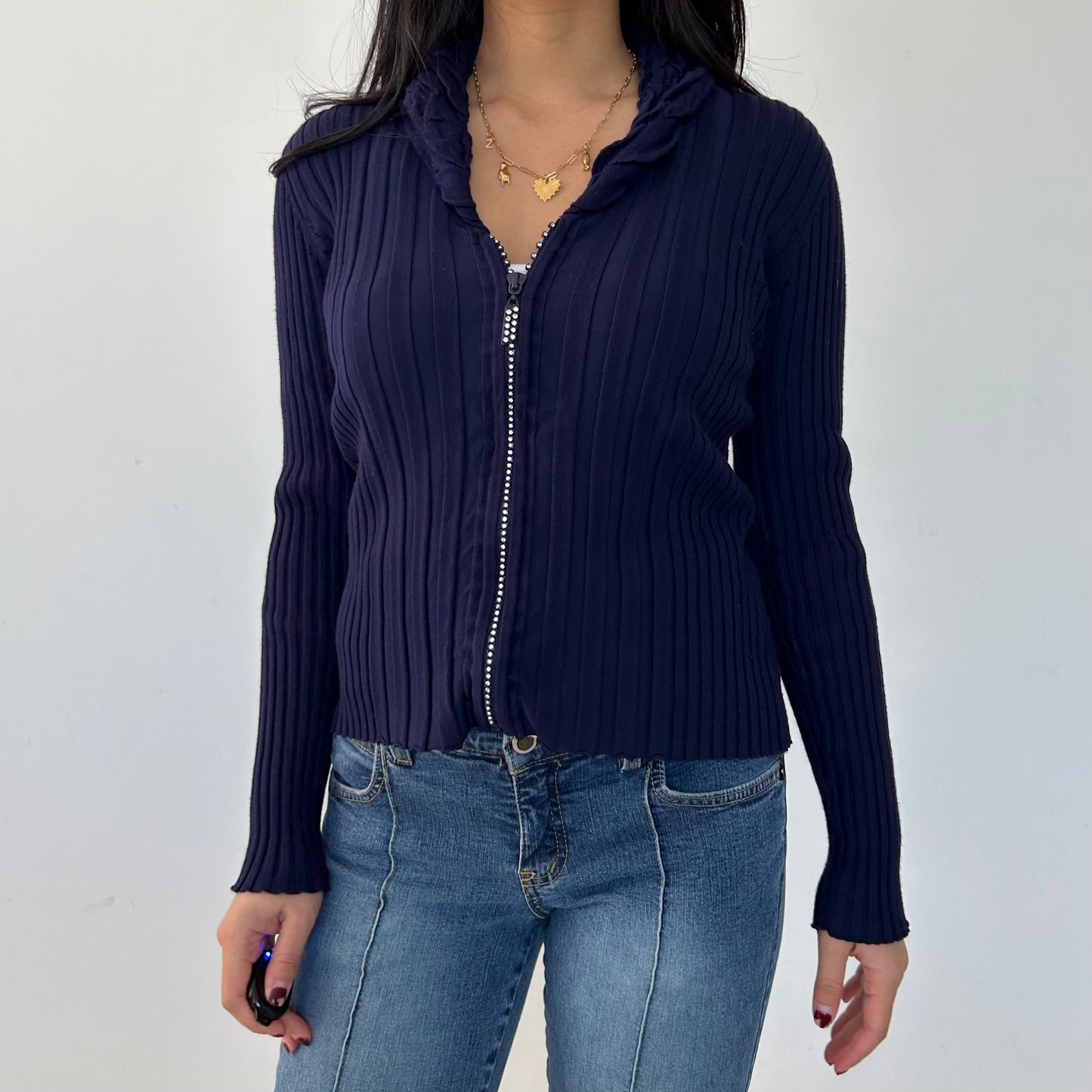 Belldini Navy Ribbed Knit Jacket - Medium