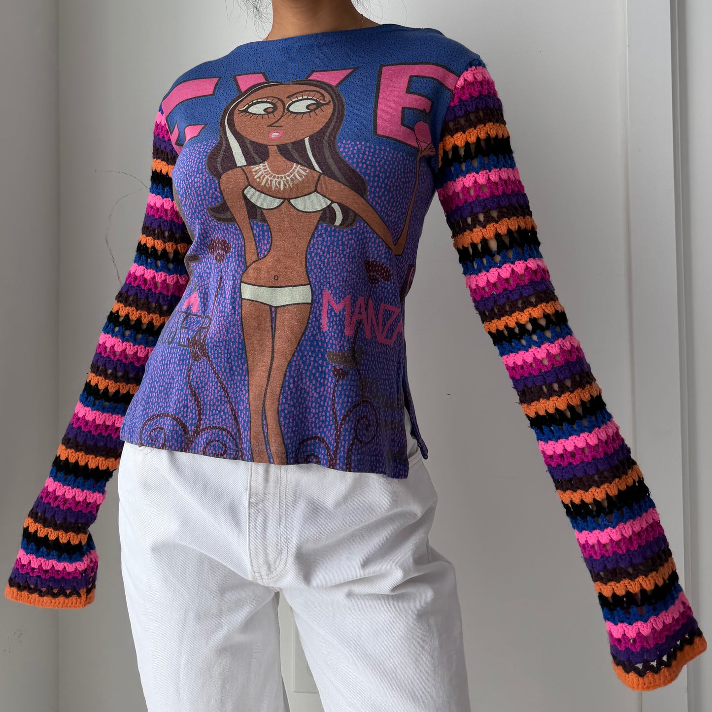 Custo Barcelona Blue Graphic Knit Long Sleeve Tee - Large