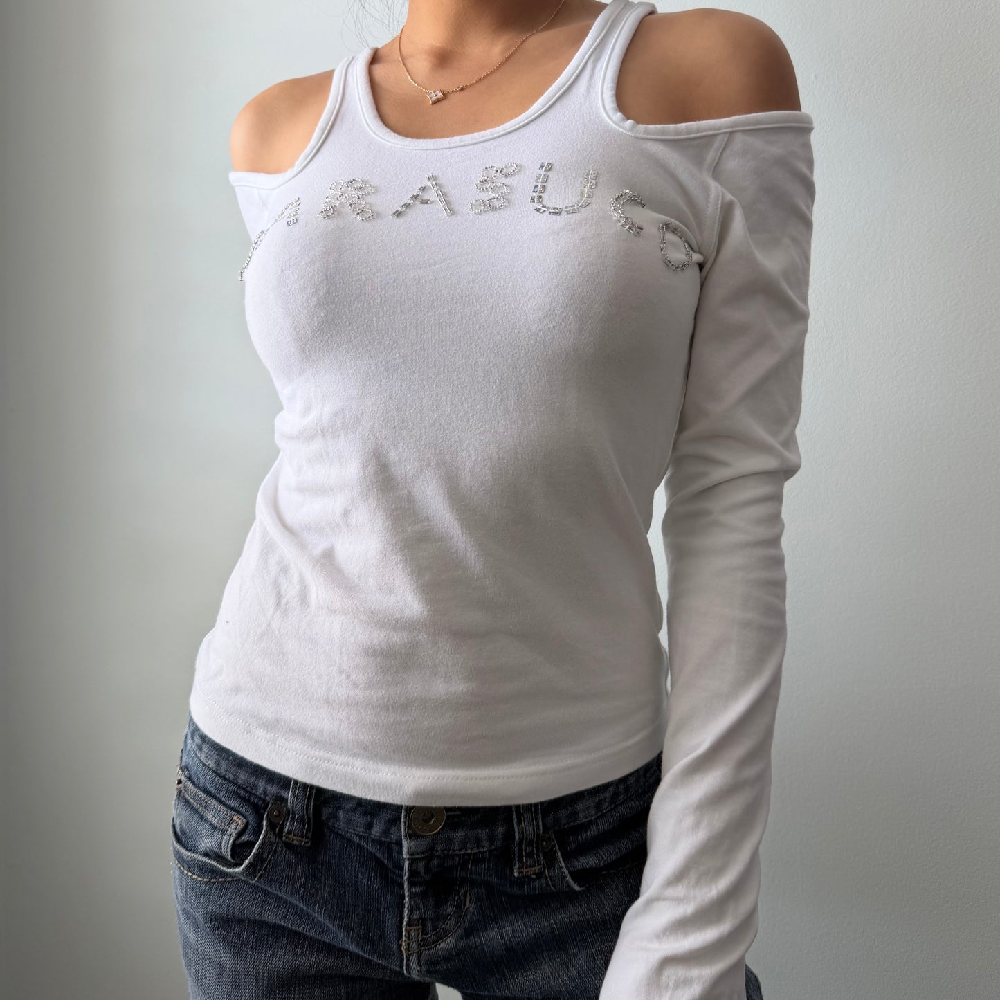 Parasuco White Cold Shoulder Sequin Logo Top - Medium