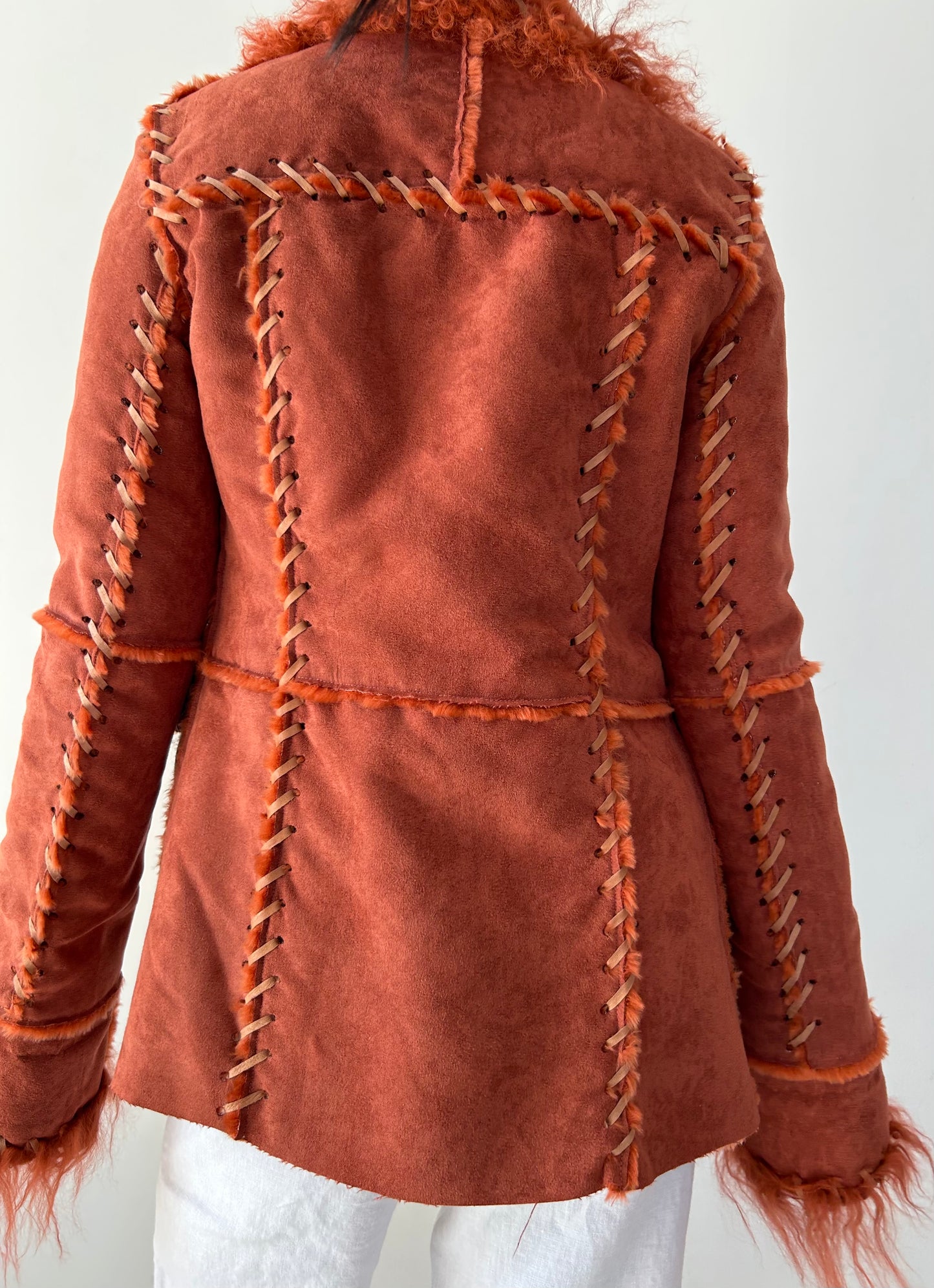 Rust Faux-Shearling Jacket with Mongolian Fur Trim - X-Small/Small