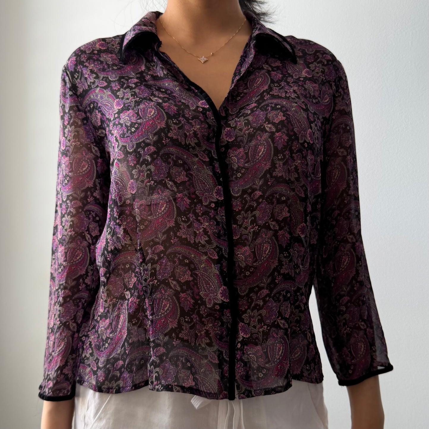 Nine West Purple Paisley Silk Button Up Blouse - Medium