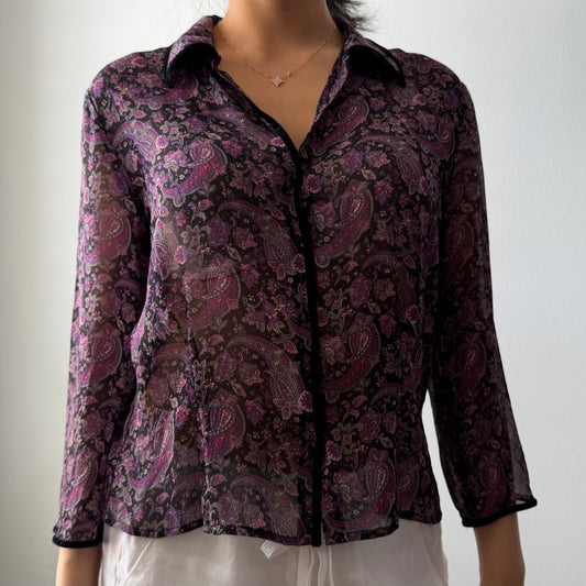 Nine West Purple Paisley Silk Button Up Blouse - Medium