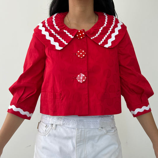 Moschino Jeans Peter Pan Collar Red Cropped Jacket - Small