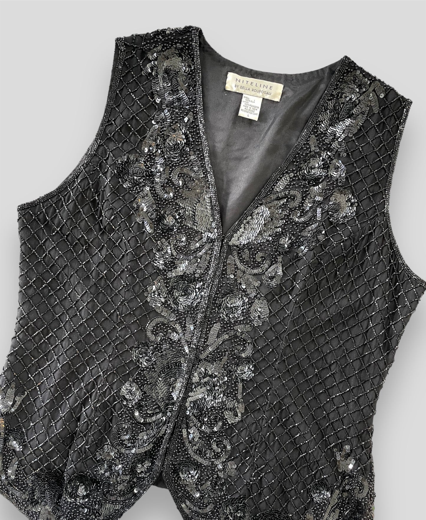 Vintage 1980s Niteline by Della Roufogali Black Beaded Silk Vest - Large