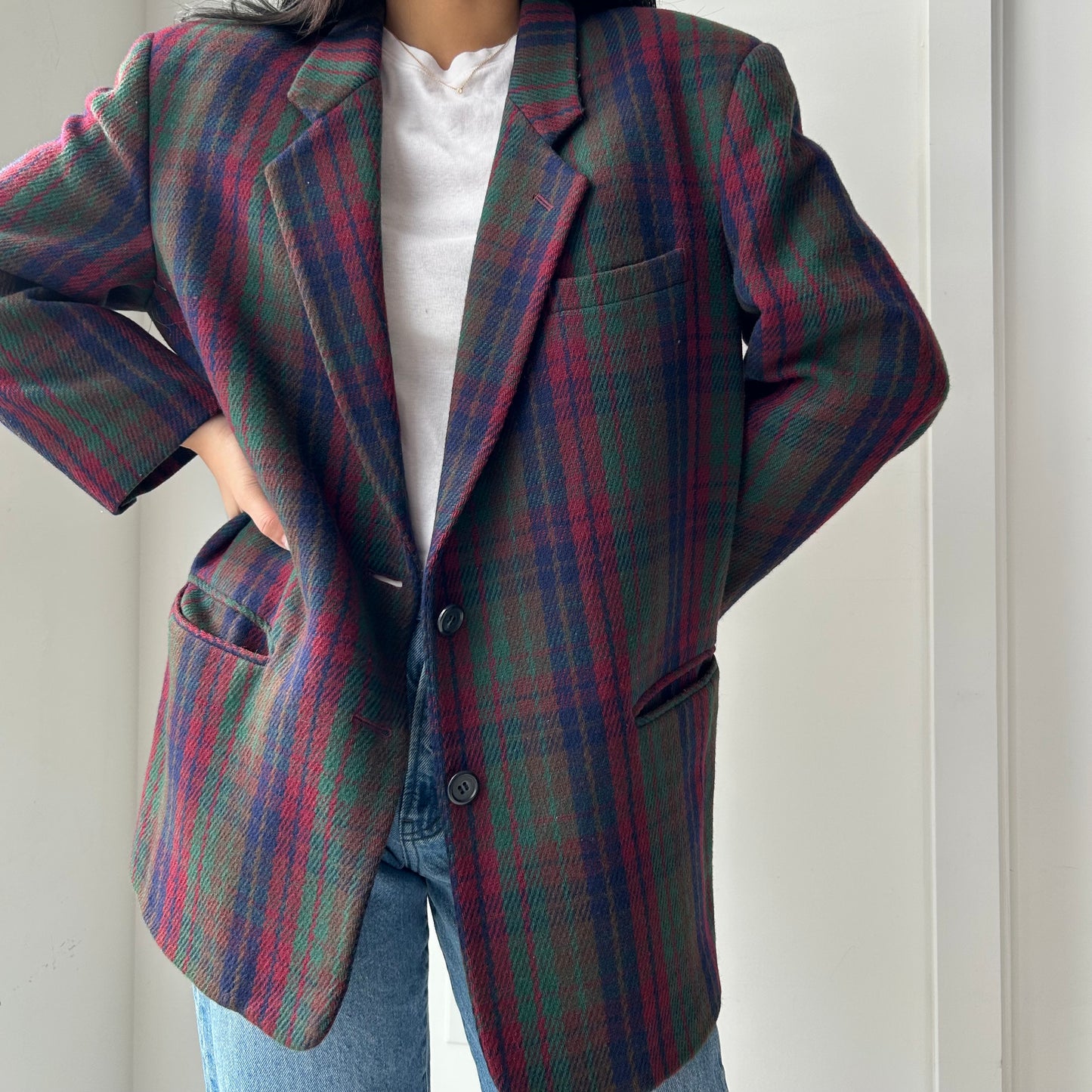 1980s Michel René Green Plaid Wool Blazer - Large