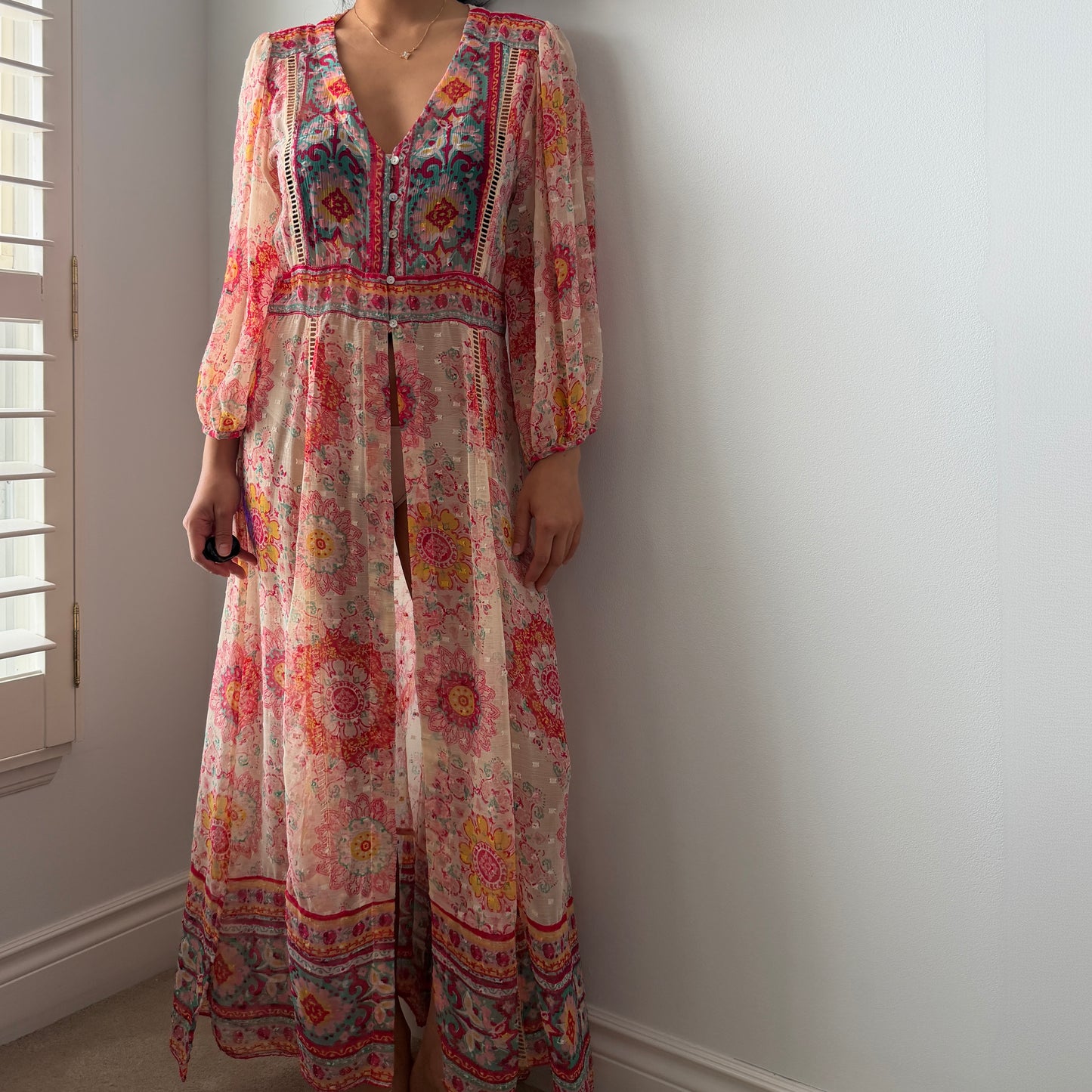 Zara Long Sleeve Floral Kaftan - X-Small