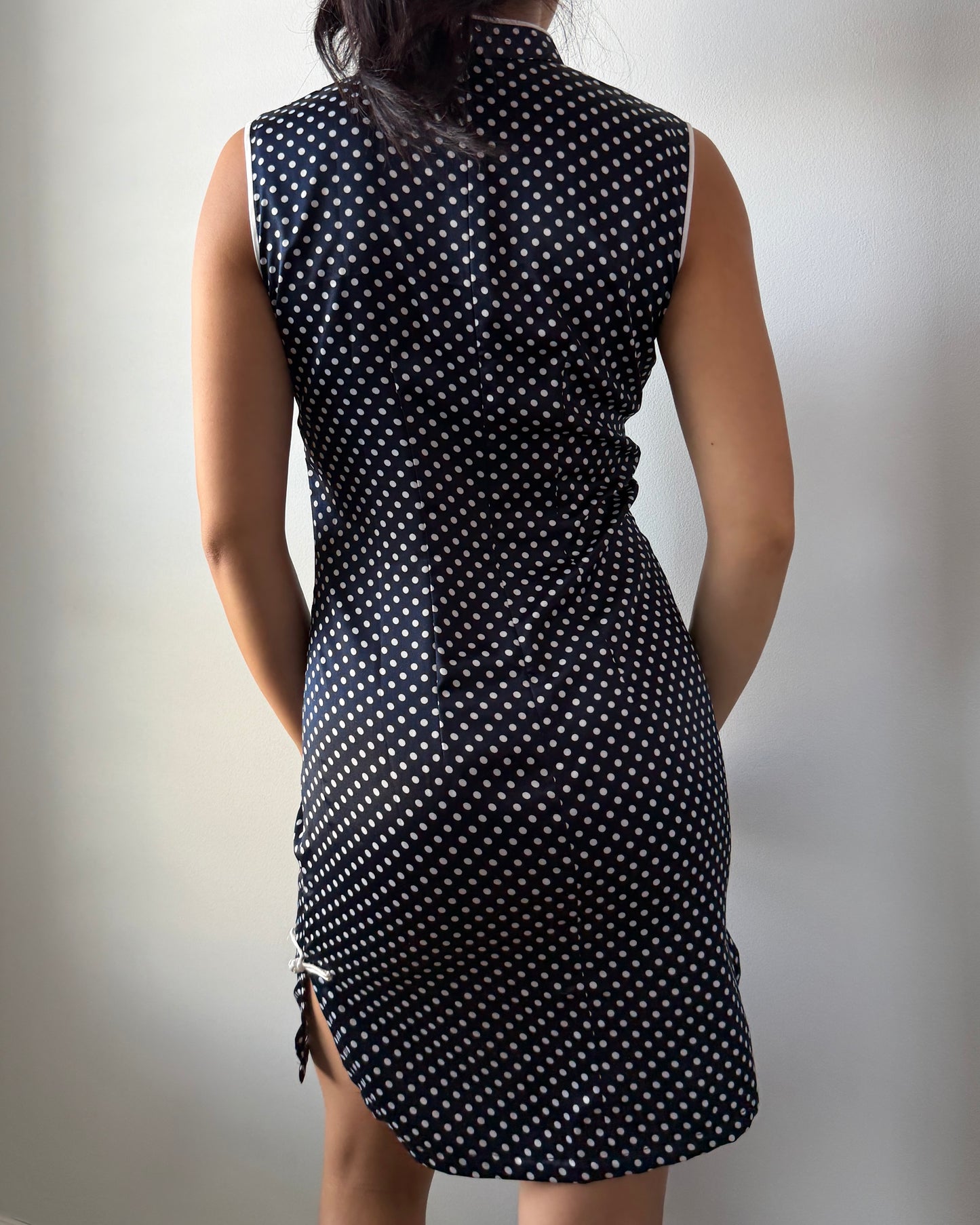 Navy Polka Dot Sleeveless Silk Cheongsam - Small