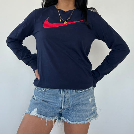 Nike Navy Long Sleeve Swoosh Tee - Small