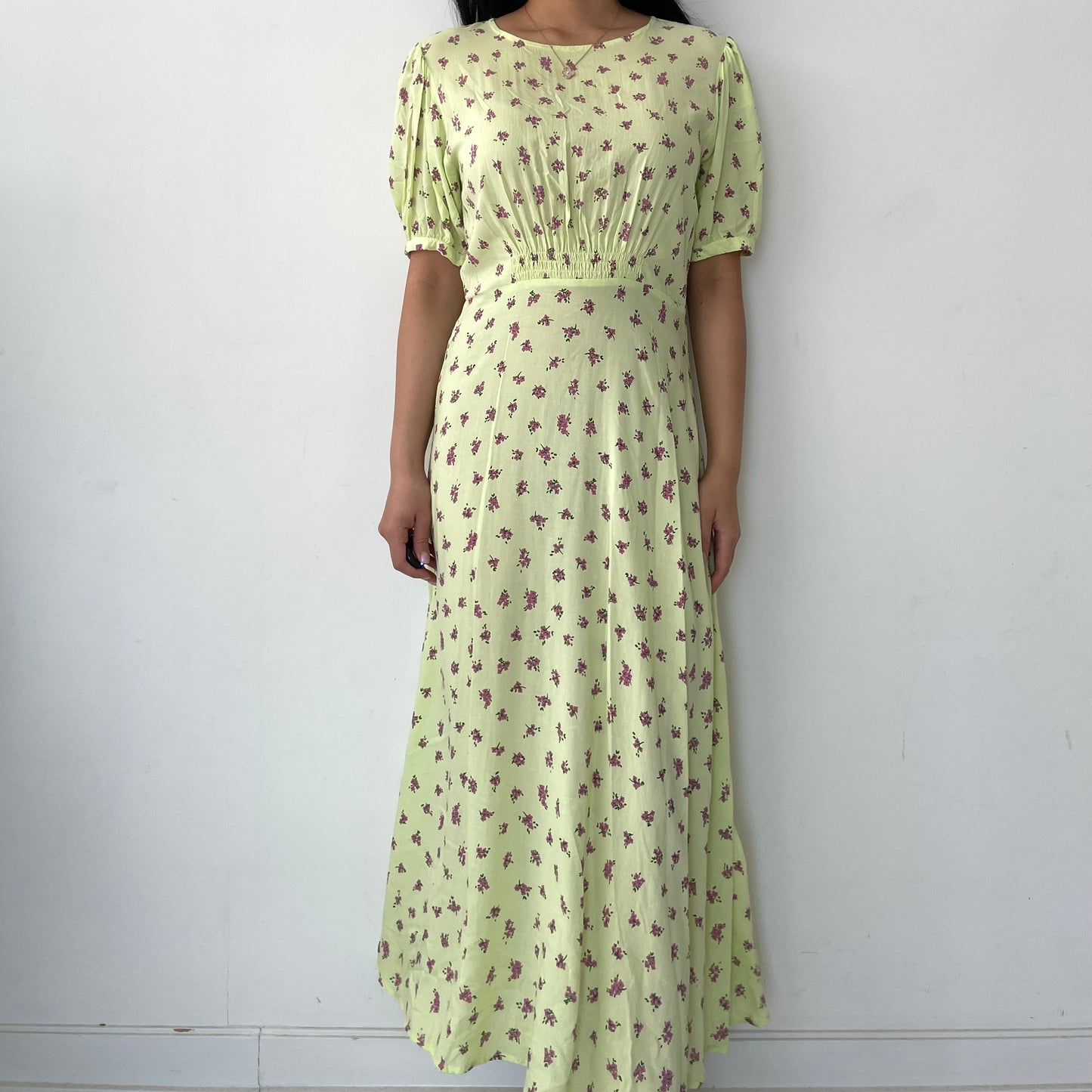 Faithfull The Brand Neon Green Floral Short Sleeve Maxi Dress - Small