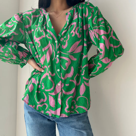 Velvet by Graham and Spencer Green Cotton Printed Blouse - Medium