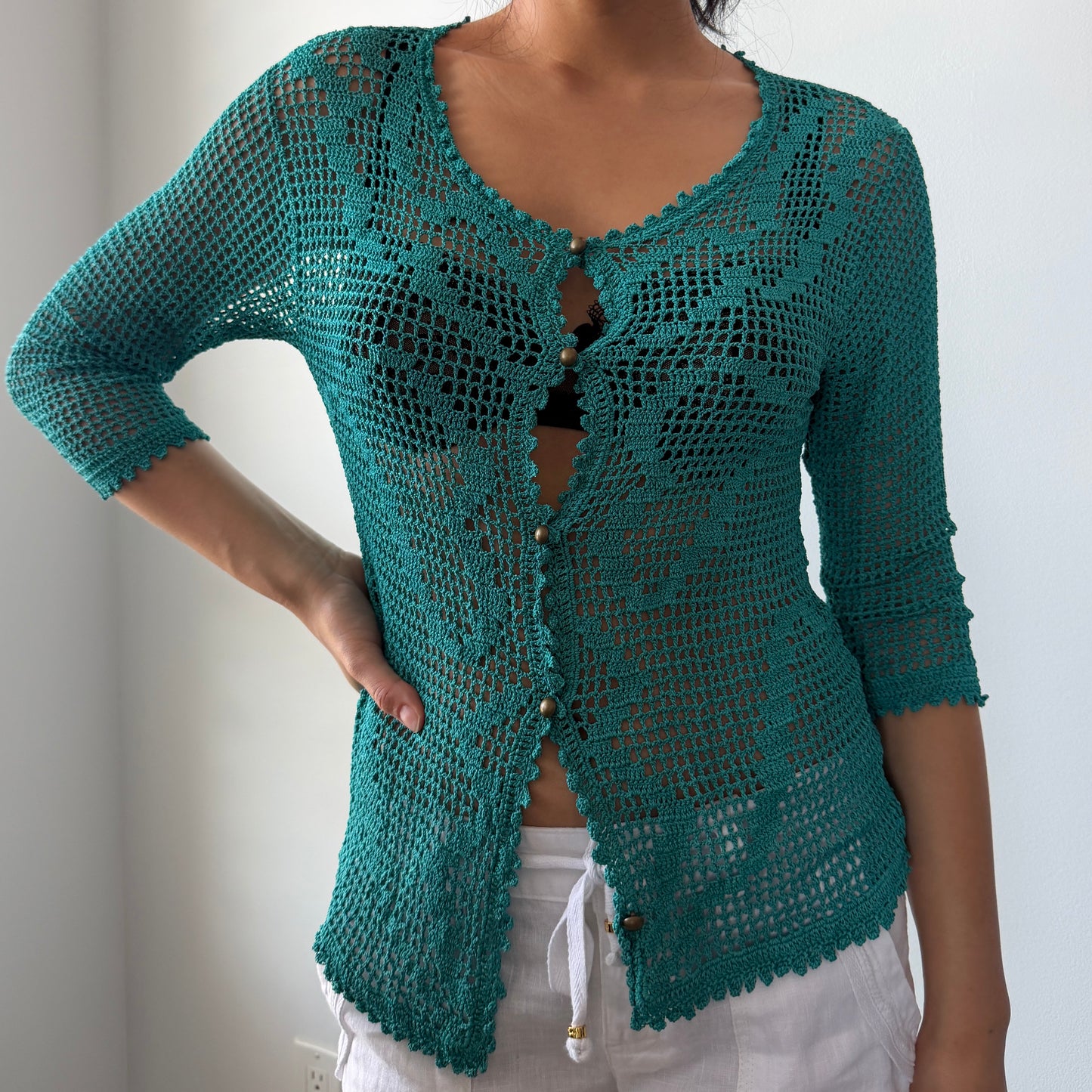 Precis Petite Teal Crochet Knit Cardigan - Small