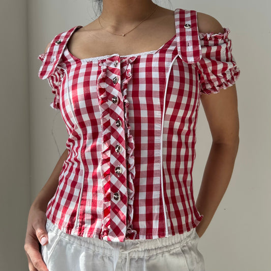 Spieth & Wensky Red Gingham Cold Shoulder Short Sleeve Blouse - X-Small