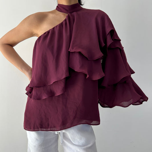 Parker Burgundy One-Shoulder Chiffon Top - Small
