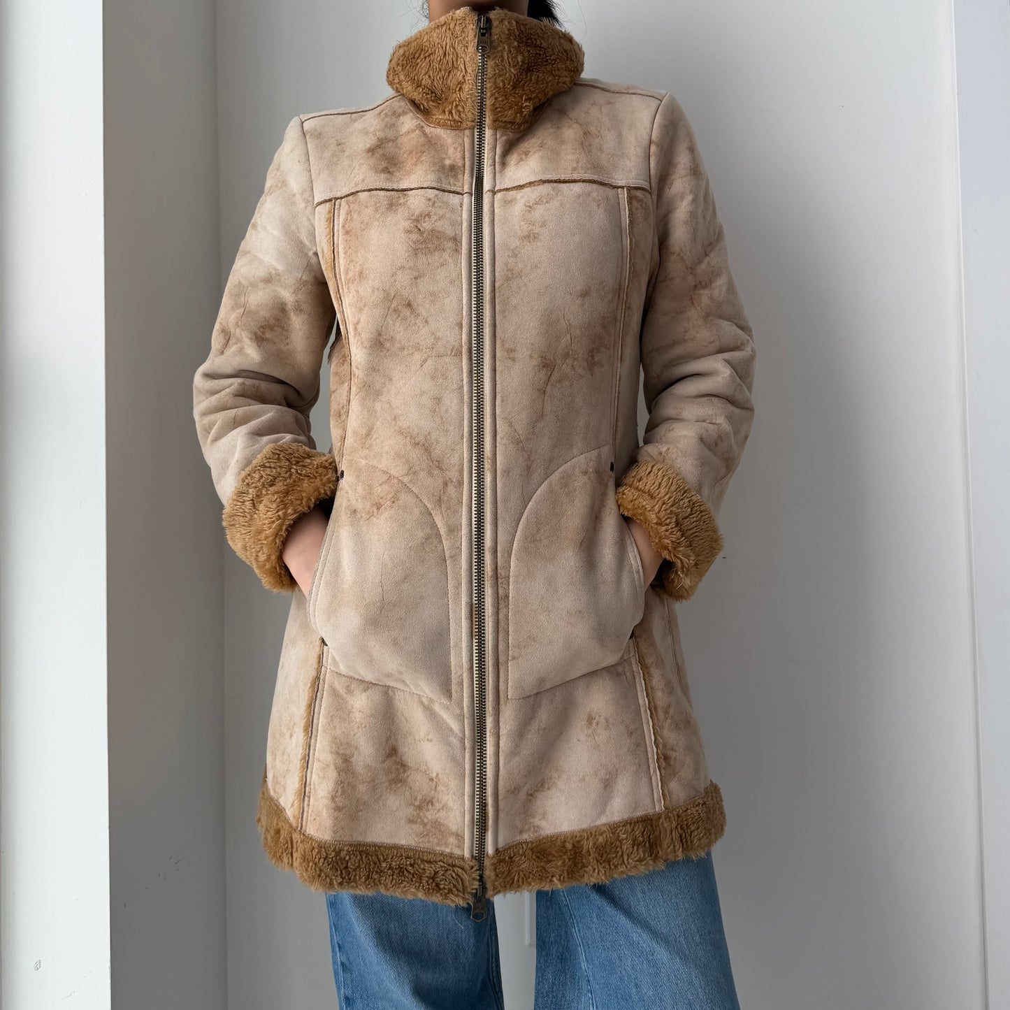 Replay Beige Faux Shearling Double Zip Coat - Small
