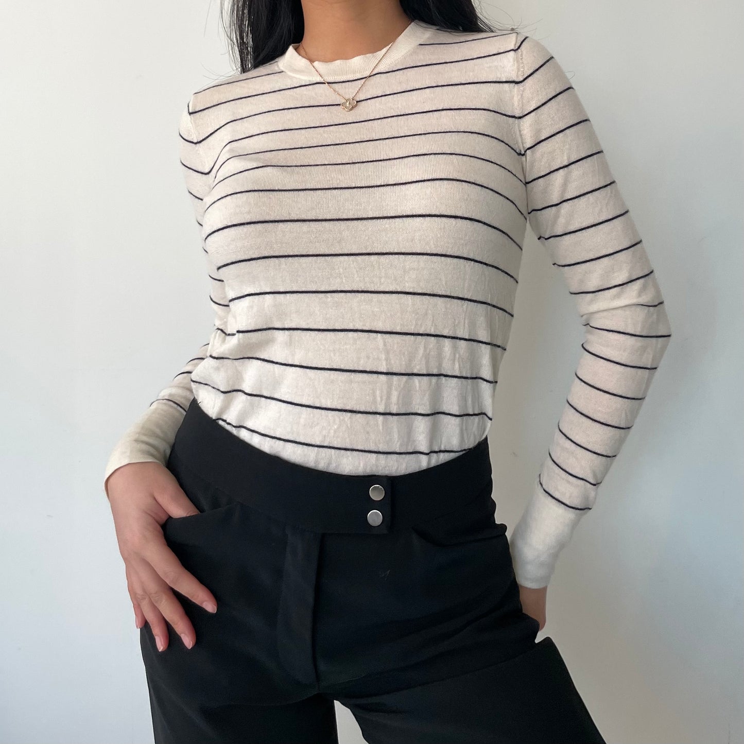 Club Monaco Black and White Striped Crewneck Wool Knit - Small