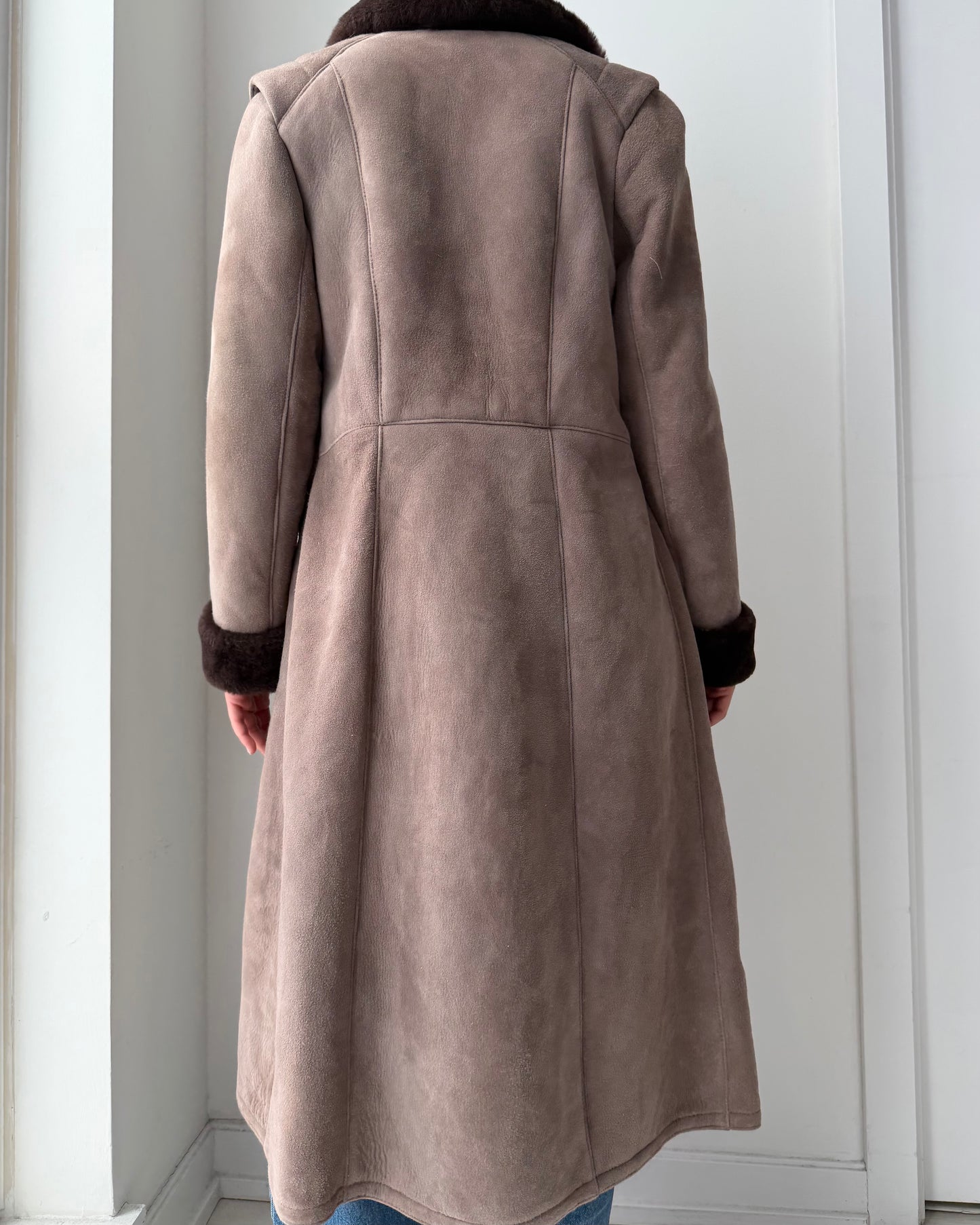 Vintage Made in Canada Brown Suede Leather Shearling Trim Coat - Small