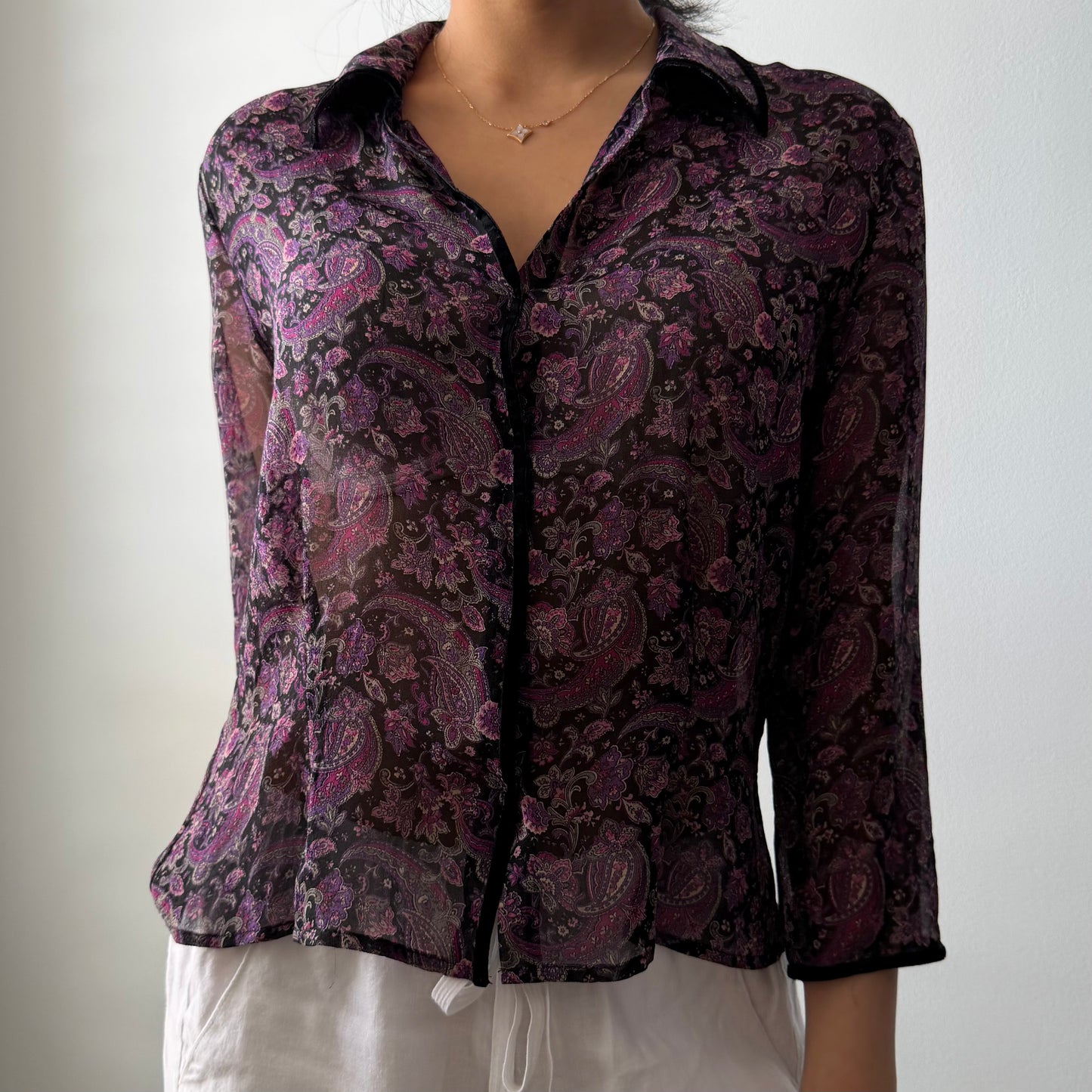 Nine West Purple Paisley Silk Button Up Blouse - Medium