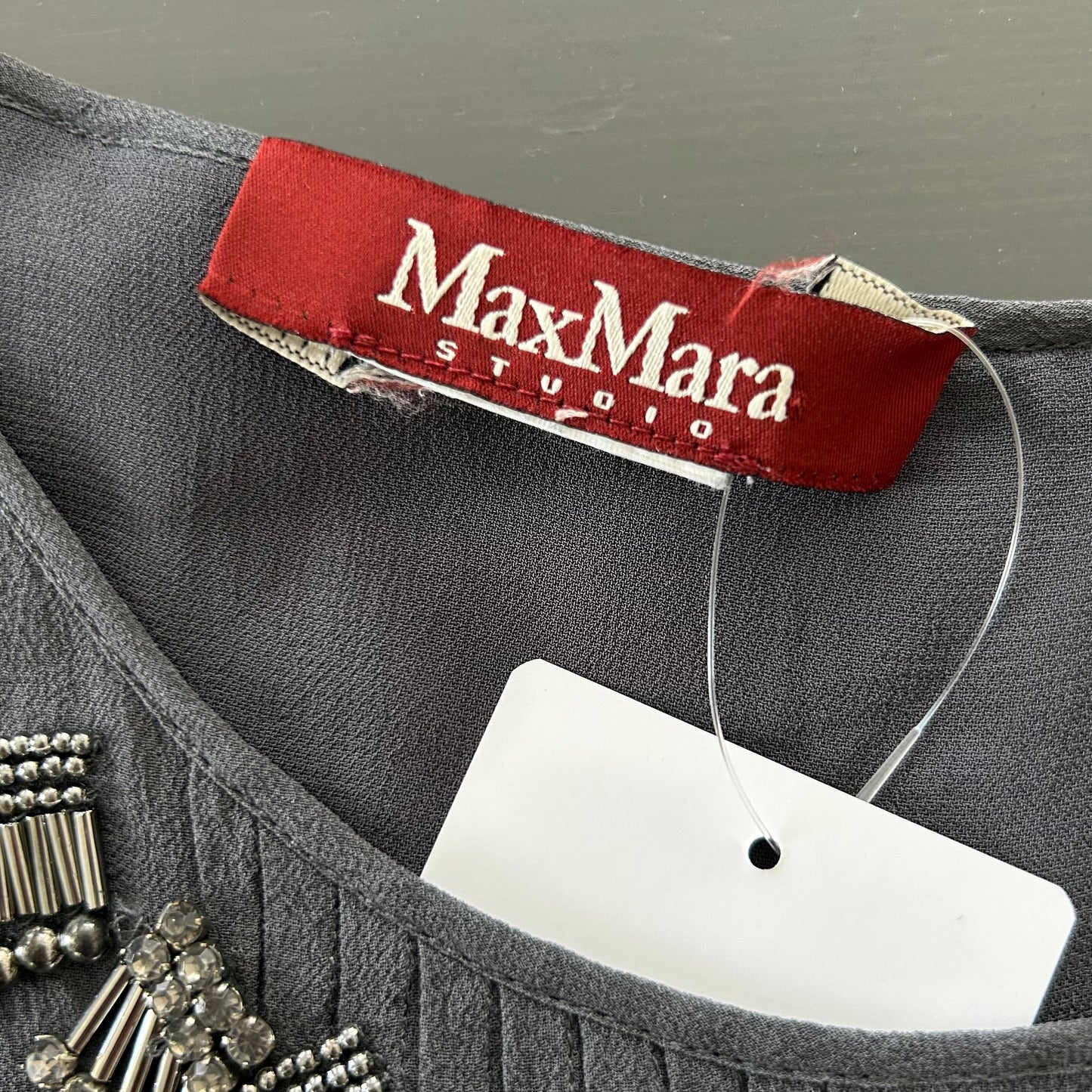 Max Mara Studio Embellished Pleated Sleeveless Top in Charcoal - Medium