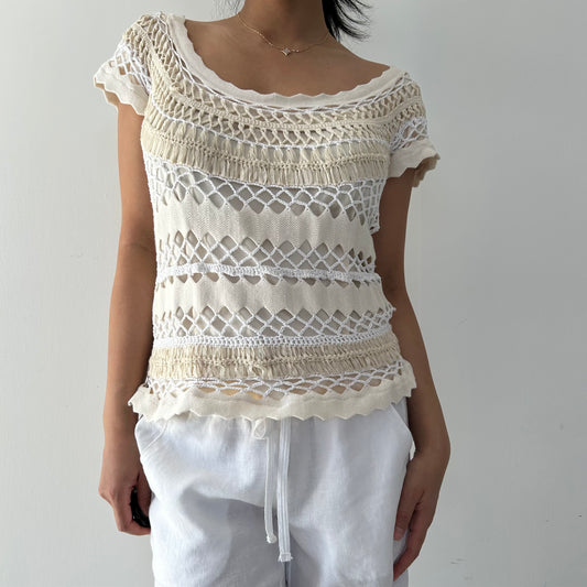 Summum Linen Blend Crochet Open-Knit Top - Large