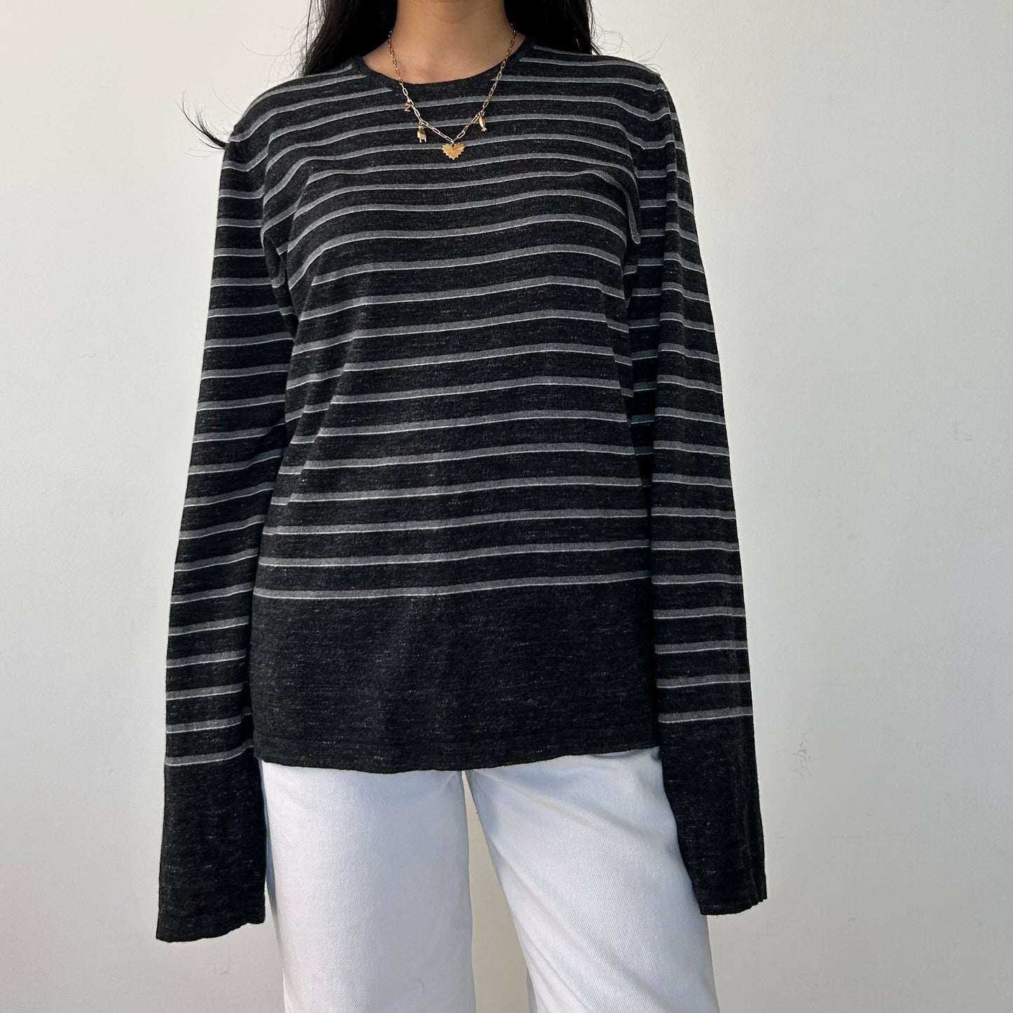 Vince Striped Cashmere Blend Long Sleeve Crewneck Top - Medium