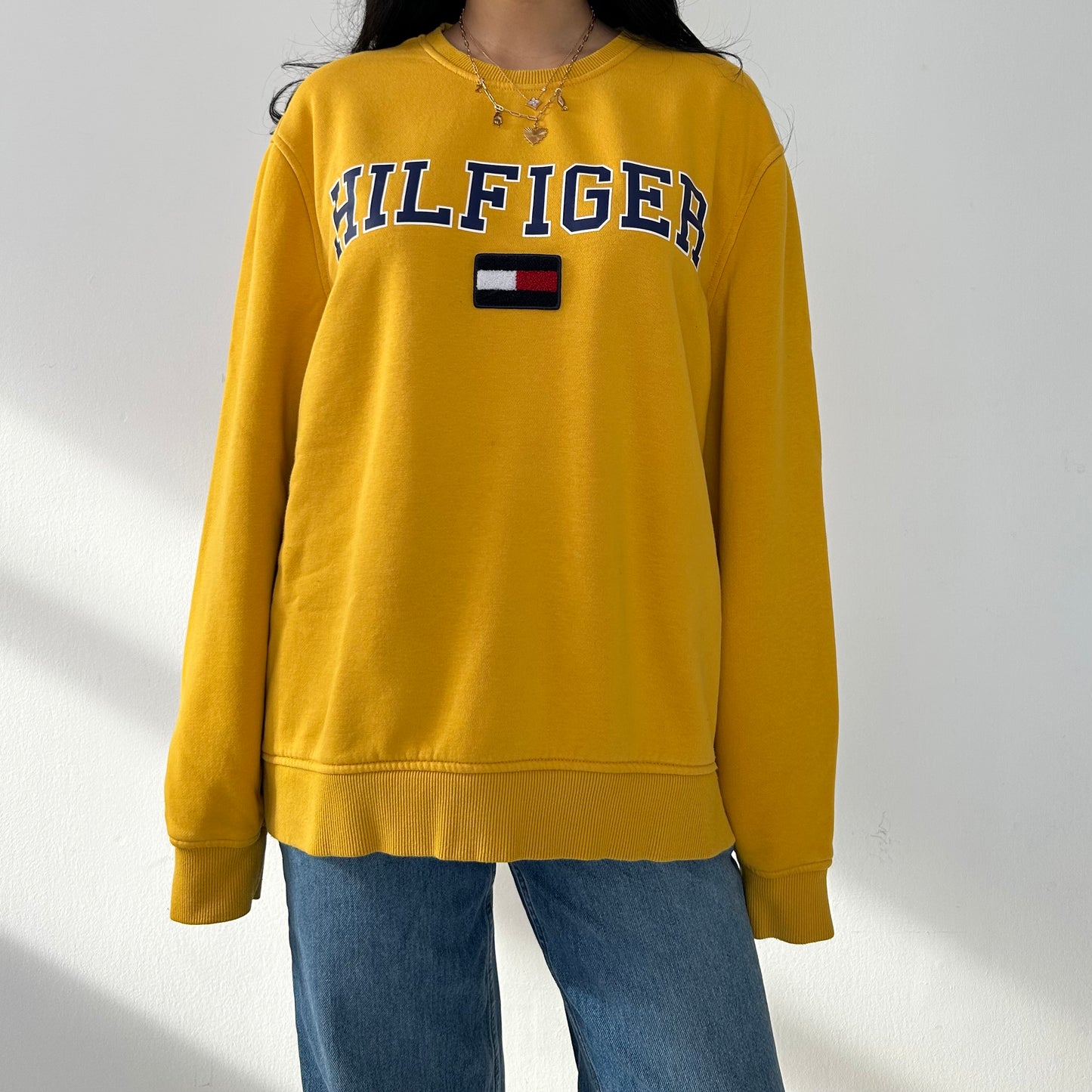 Tommy Hilfiger Mustard Yellow Spell Out Crewneck - Large