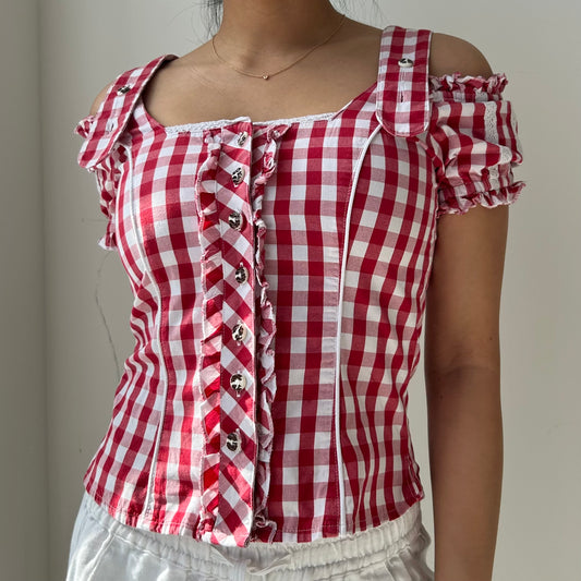 Spieth & Wensky Red Gingham Cold Shoulder Short Sleeve Blouse - X-Small