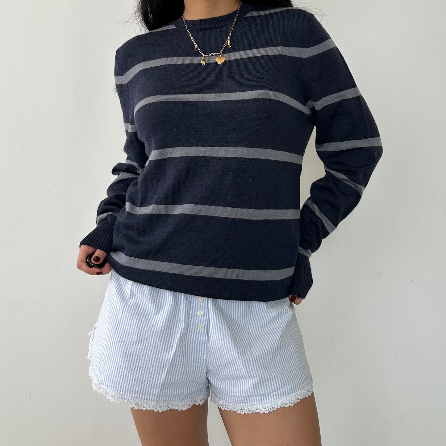 Blue Striped Merino Wool Crewneck Knit Jumper - Small