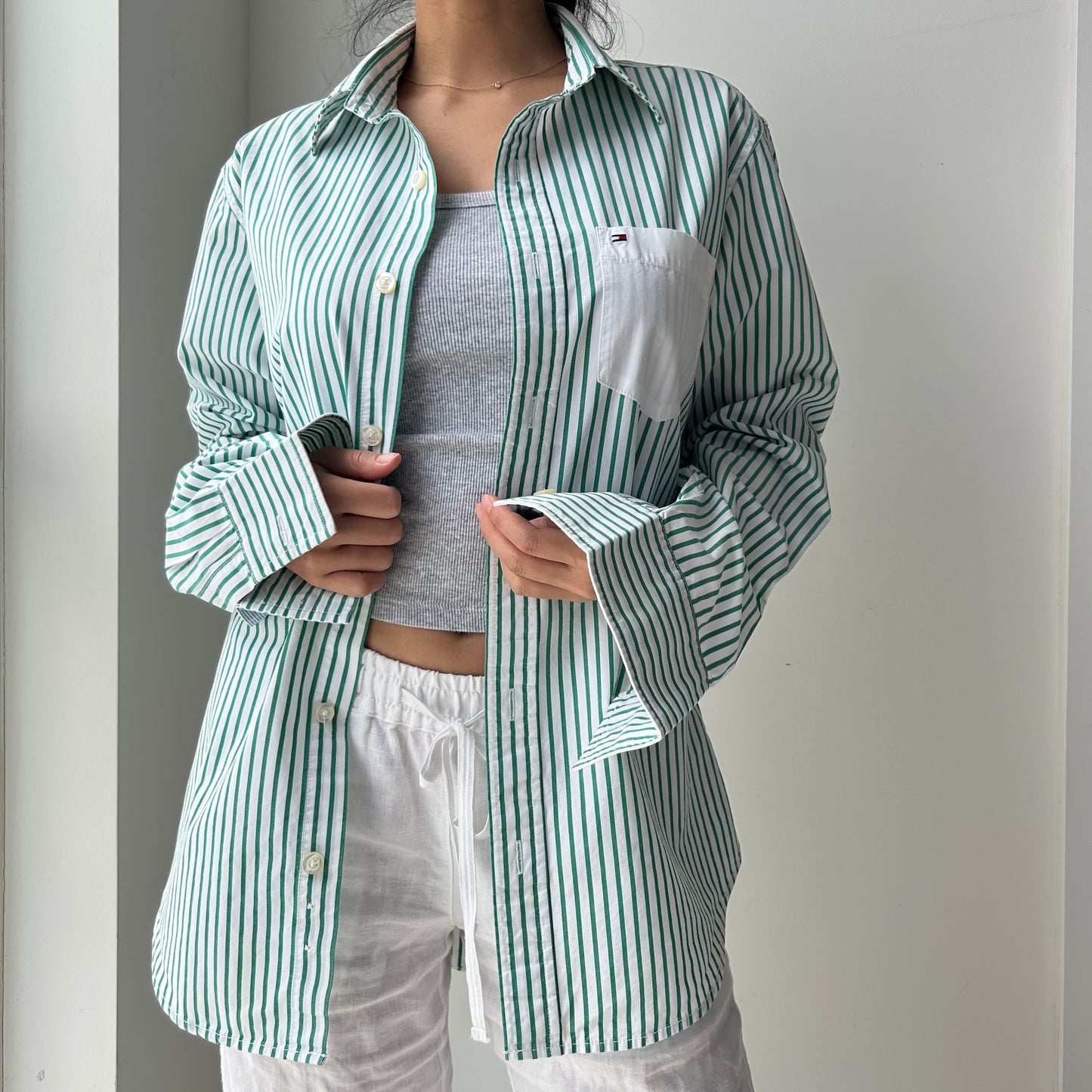 Tommy Hilfiger Green Striped Button Up Shirt - Small