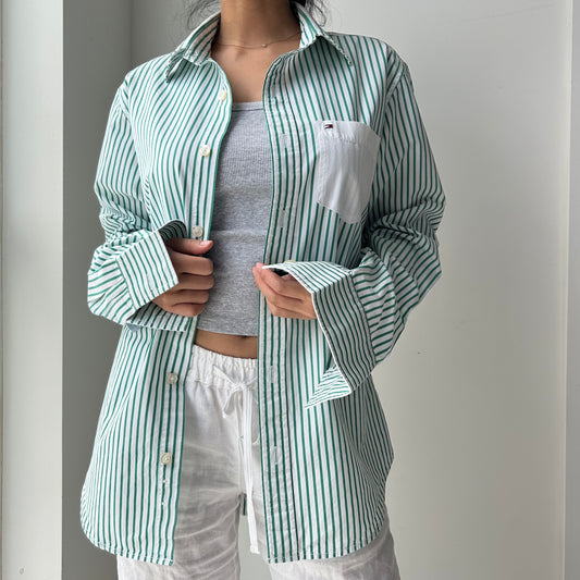 Tommy Hilfiger Green Striped Button Up Shirt - Small
