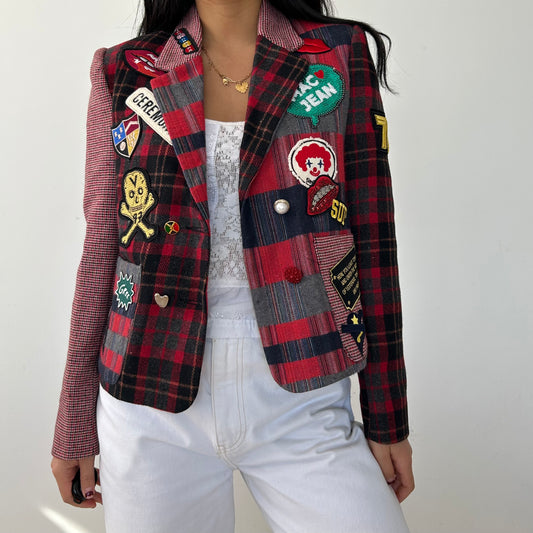 2nd K Red Plaid Patchwork Blazer with Embroidered Patches - Small