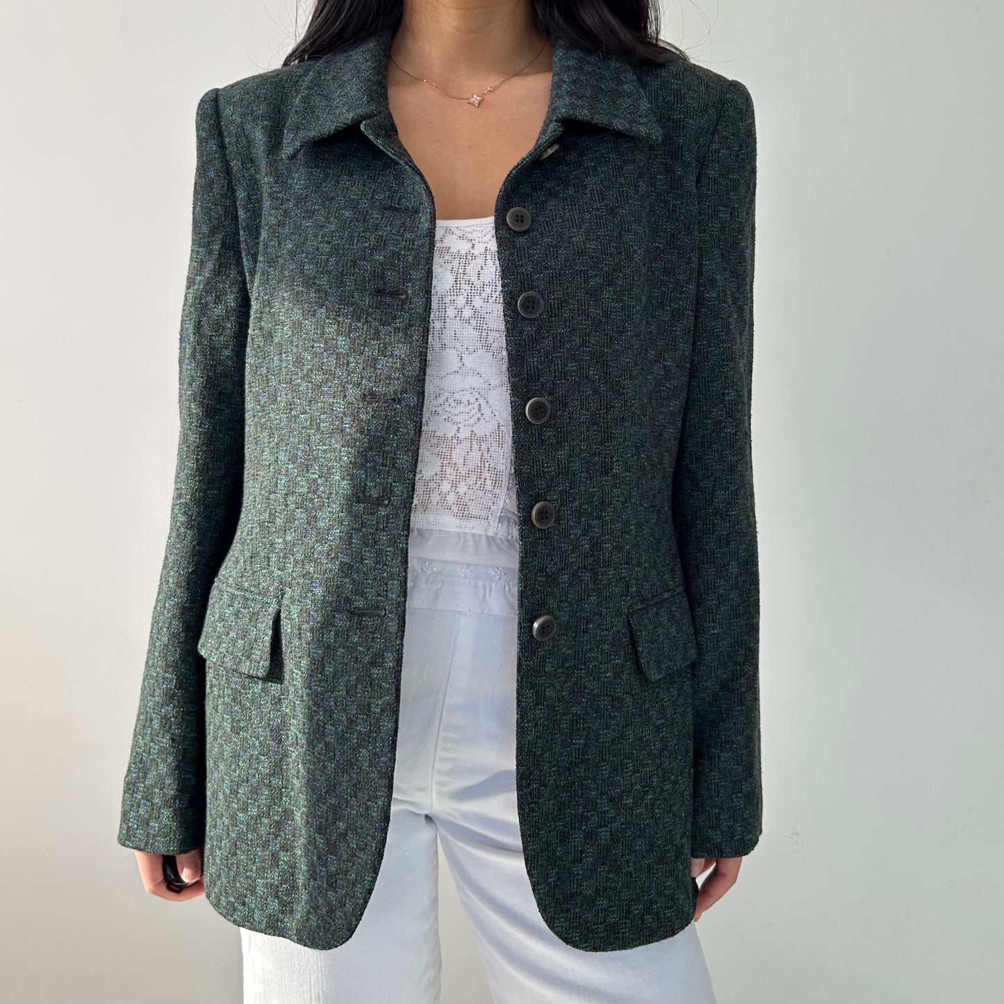 Vintage 1980s Joan & David Emerald Green Tweed Jacket - Medium